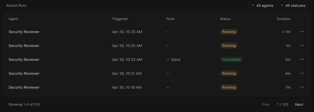 Security Agents run history in Automations